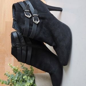 ANA strappy stiletto faux leather suede side zipper buckle booties